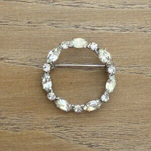 Vintage Rhinestone Circle Brooch Pin With Silver-Tone Setting